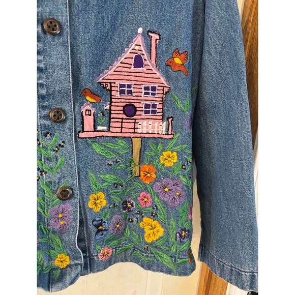 The Tog Shop Denim Button Jacket Shirt Petite Medium Women Stitched Birdhouse - Picture 7 of 8